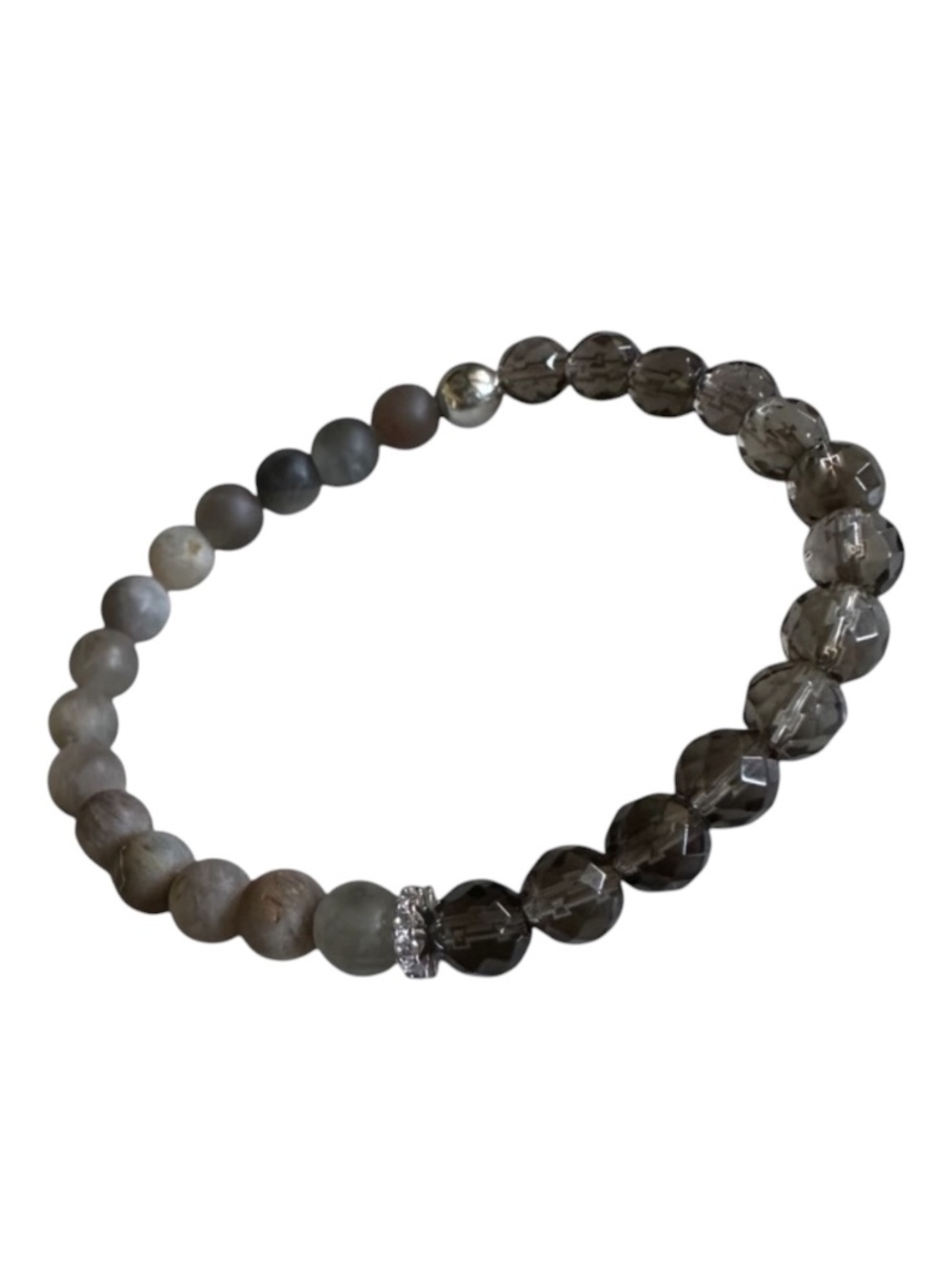 NEW Cocoa Moonstone & Smoky Quartz 6mm Beaded Stretch Bracelet Silver Pave